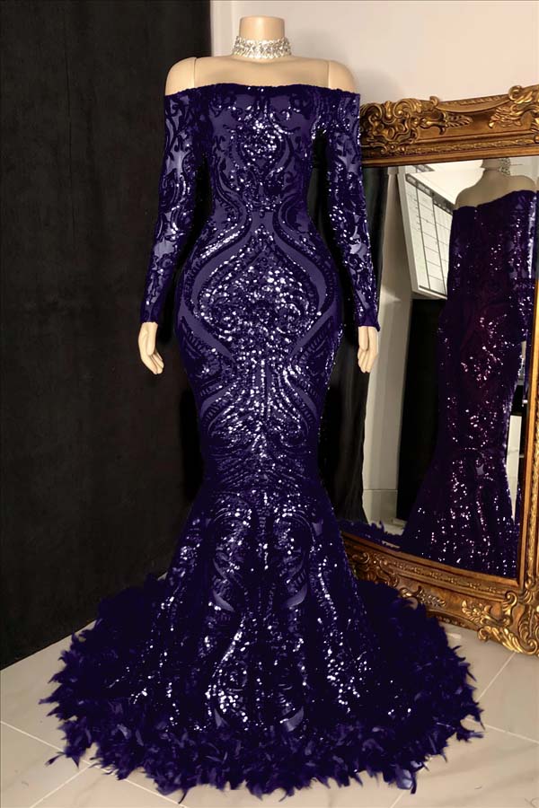 Long Sleeves Strapless Mermaid Prom Dress Sequins Burgundy With Feather