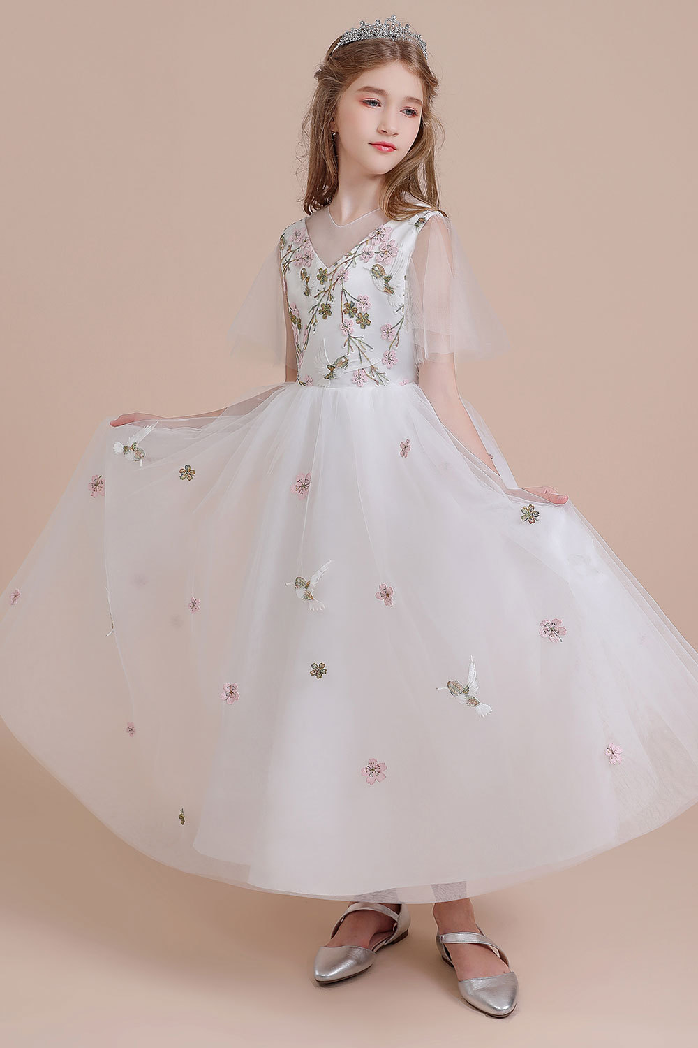 BMbridal A-Line Short Sleeve Embroidered Tulle Flower Girl Dress On Sale-BMbridal