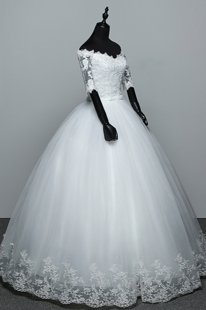 BMbridal Gorgeous Off-the-Shoulder Sweetheart Wedding Dress Tulle Lace White Bridal Gowns with Half Sleeves-BMbridal