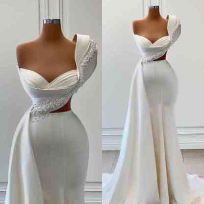 Bmbridal One Shoulder White Mermaid Prom Dress Long With Pearls
