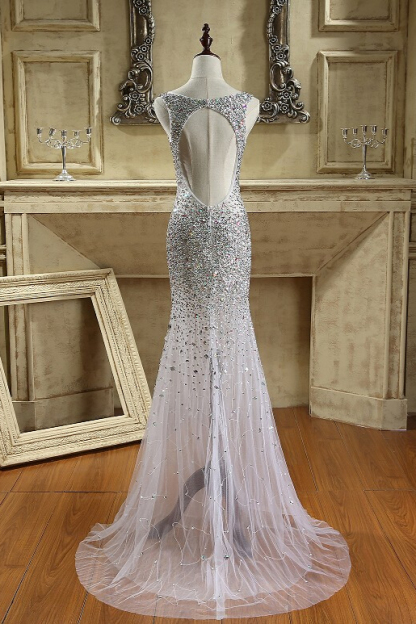 BMbridal Glamorous Straps V-Neck Tulle Beadings Prom Dresses Sleeveless Mermaid Crystals Formal Dresses Online-BMbridal