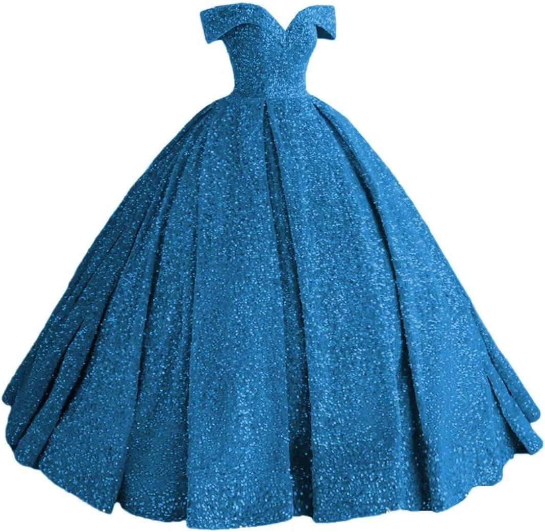 Sparkly Sequin Prom Dresses Long Ball Gown Off Shoulder Quinceanera Dresses Puffy Glitter Evening Party Dresses bmbridal