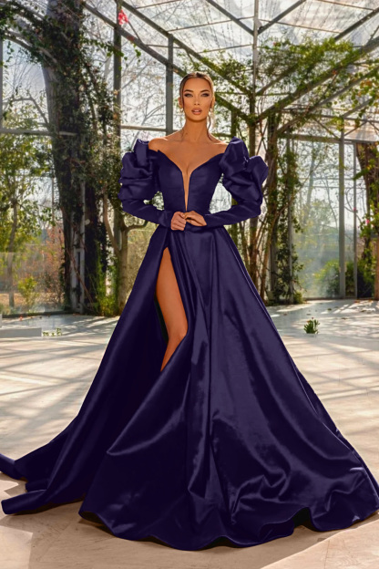 Sexy Prom Dress Red V Neck Bubble Long Sleeves With High Split