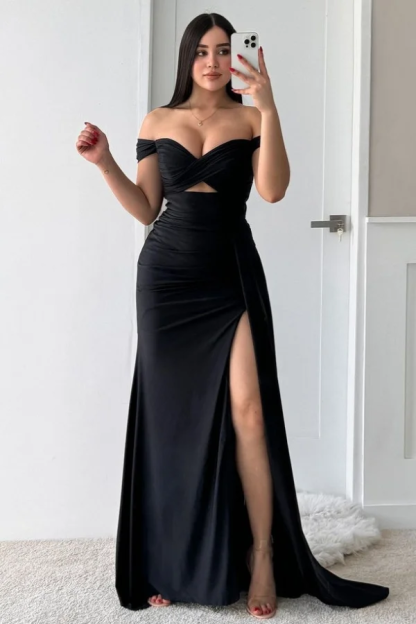 Off the Shoulder Sleeveless Long Split Prom Dress With Pleated