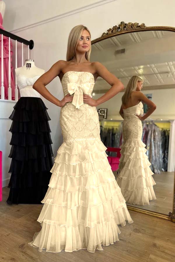 Strapless Sleeveless Long Mermaid Prom Dress With Beading Ruffle