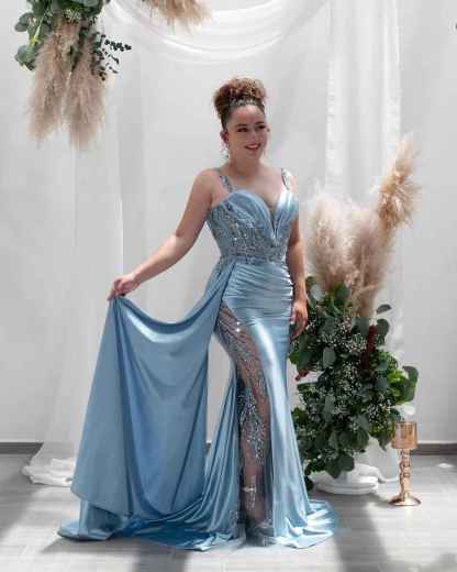V Neck Satin Prom Dresses Long Mermaid Lace Evening Gown with Slit Pleated Bodycon Formal Dress with Tail bmbridal