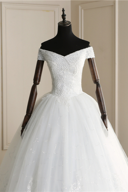 BMbridal Affordable Off-the Shoulder Sweetheart Tulle Wedding Dress Appliques Sleeveless Bridal Gowns with Pearls-BMbridal
