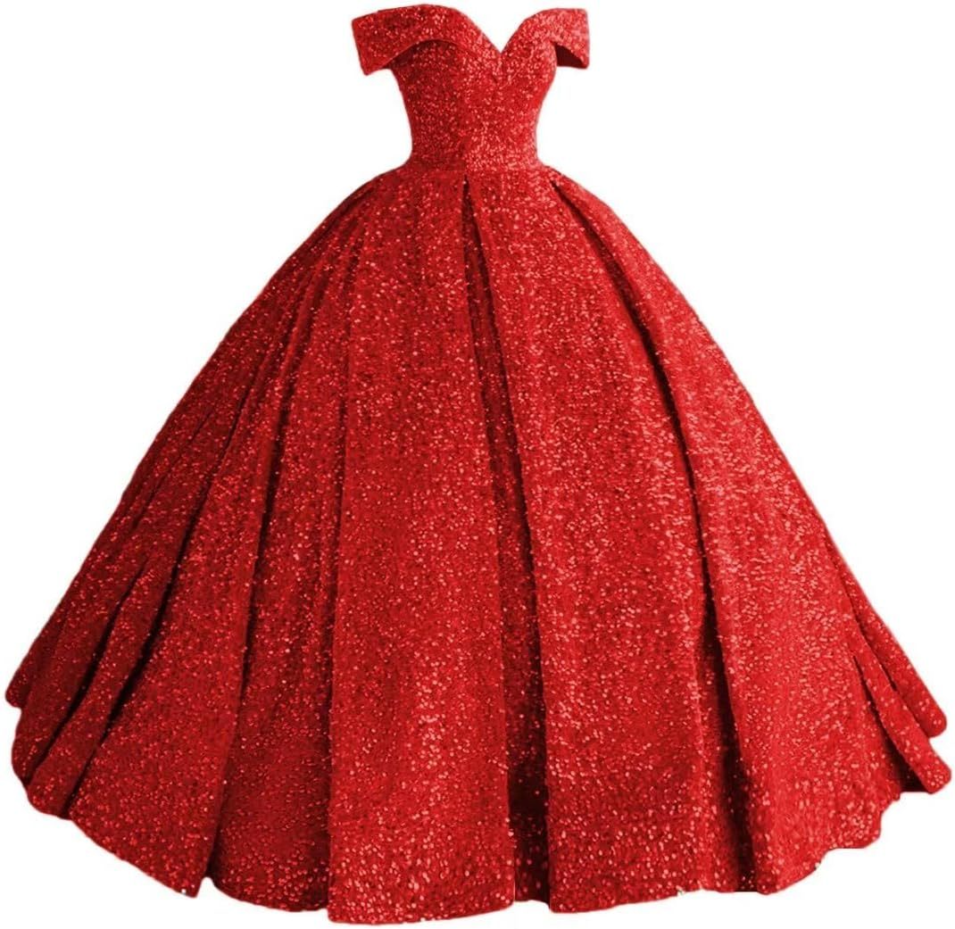 Sparkly Sequin Prom Dresses Long Ball Gown Off Shoulder Quinceanera Dresses Puffy Glitter Evening Party Dresses bmbridal