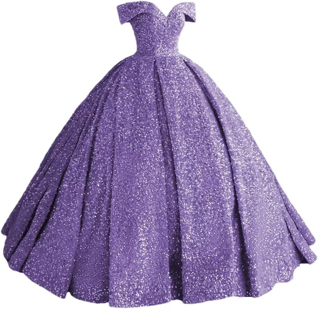 Sparkly Sequin Prom Dresses Long Ball Gown Off Shoulder Quinceanera Dresses Puffy Glitter Evening Party Dresses bmbridal