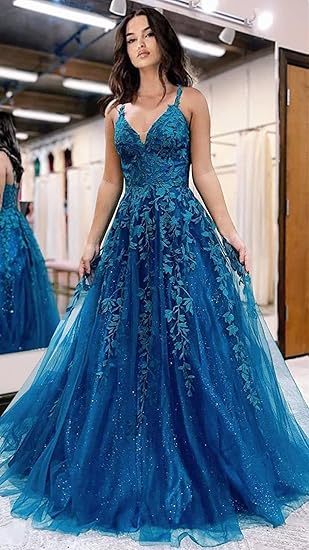 Tulle Lace Appliques Sparkly Prom Dresses A Line with Slit V Neck Formal Party Dress bmbridal