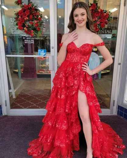 Sparkly Tiered Lace Tulle Prom Dresses Long 2025 Spaghetti Straps Formal Corset Evening Gown with Slit bmbridal
