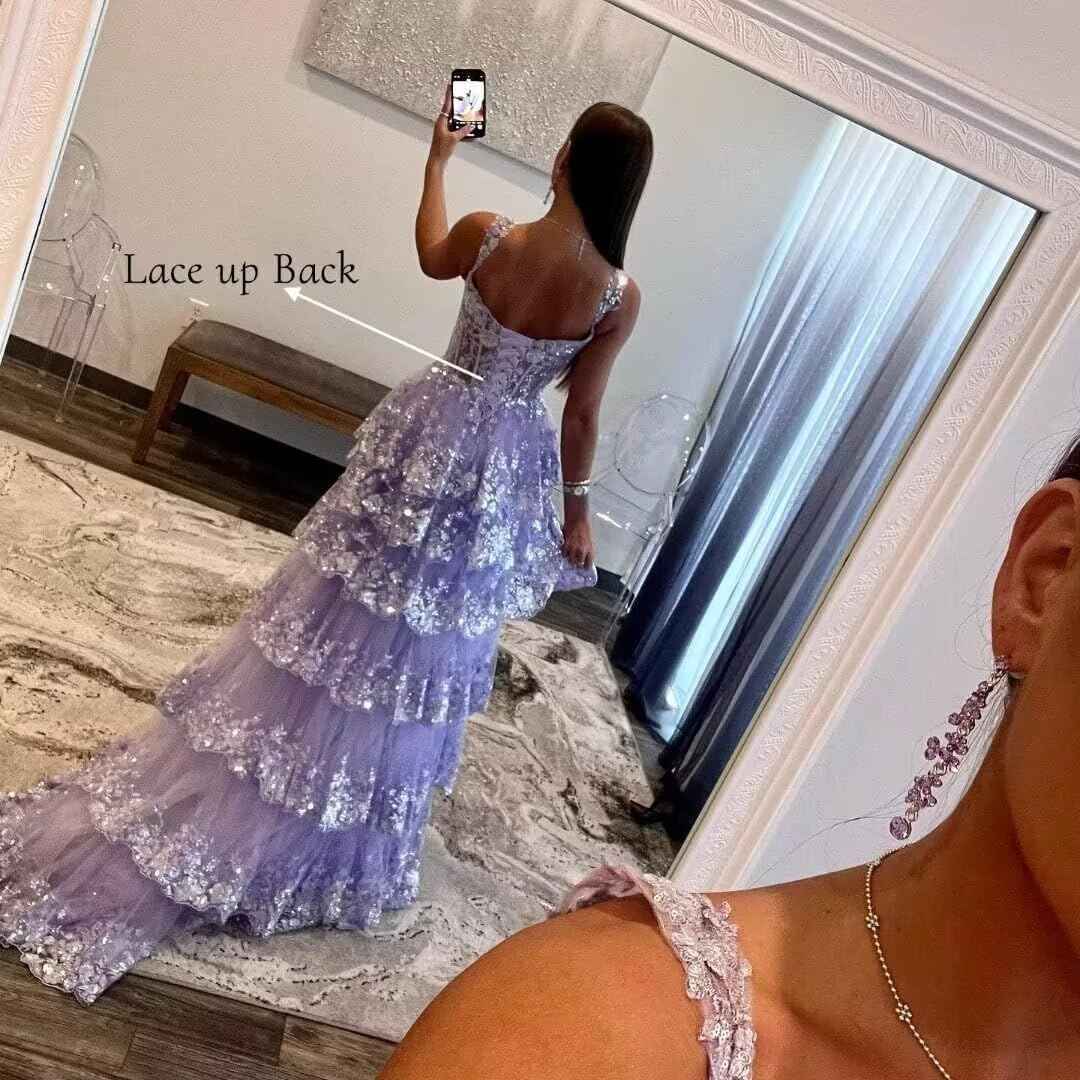 Sparkly Tiered Lace Tulle Prom Dresses Long 2025 Spaghetti Straps Formal Corset Evening Gown with Slit bmbridal
