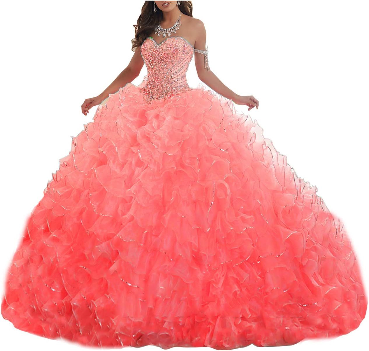 Women's Organza Ruffles Quinceanera Beaded Sweetheart Prom Ball Gown bmbridal