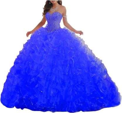 Women's Organza Ruffles Quinceanera Beaded Sweetheart Prom Ball Gown bmbridal