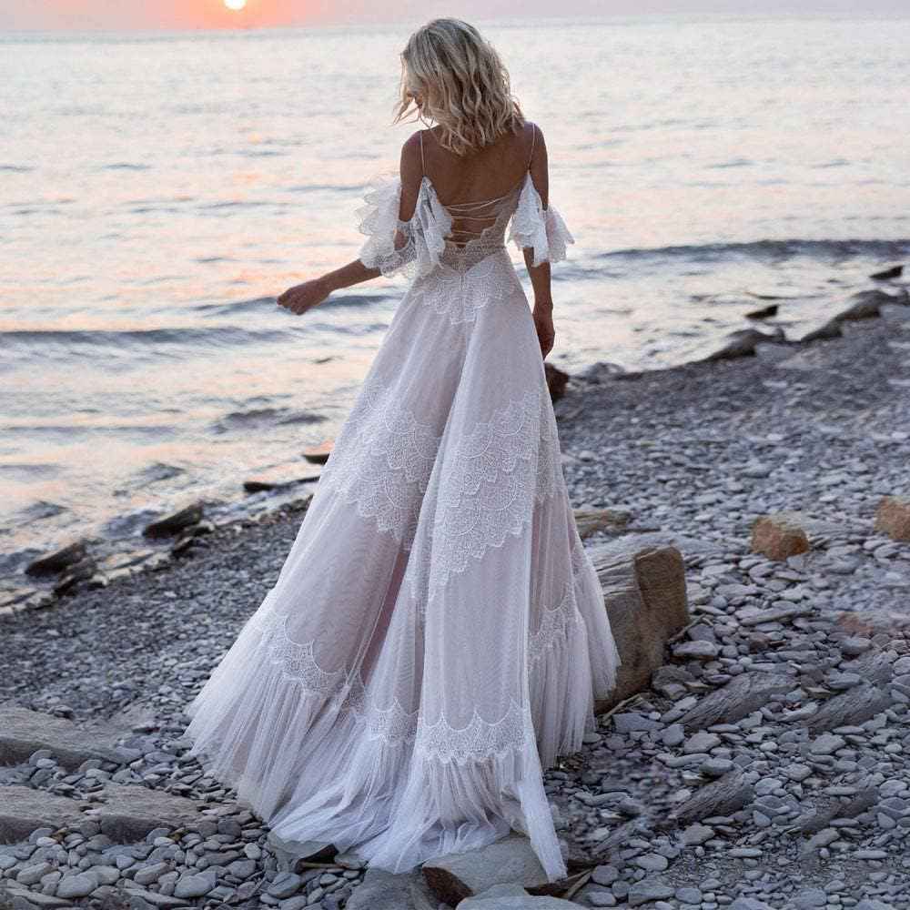Women's Wedding Dresses Chic Lace Evening Dresses V Neck Ruffle Sleeves Beachy Boho Outdoorsy Wedding Gowns bmbridal