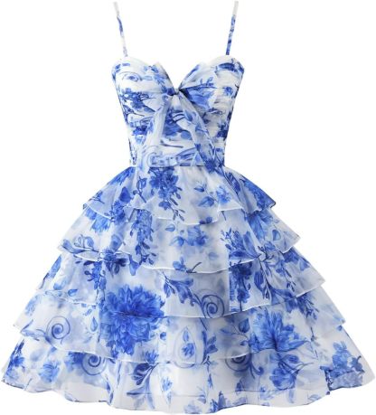 Tiered Ruffles Short Homecoming Dresses with Bow Corset Floral Print Mini Cocktail Party Gown-BMbridal