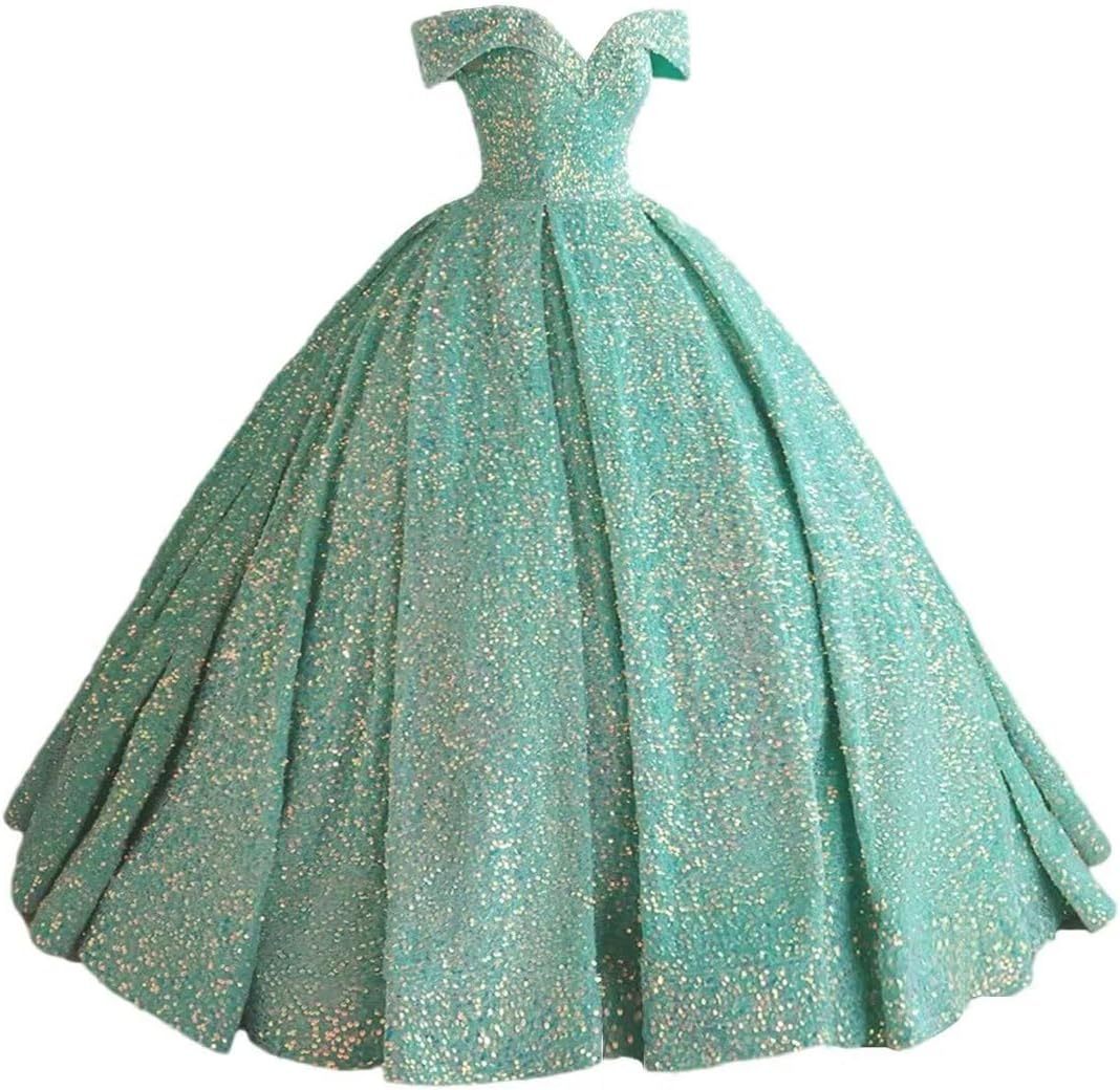 Sparkly Sequin Prom Dresses Long Ball Gown Off Shoulder Quinceanera Dresses Puffy Glitter Evening Party Dresses bmbridal