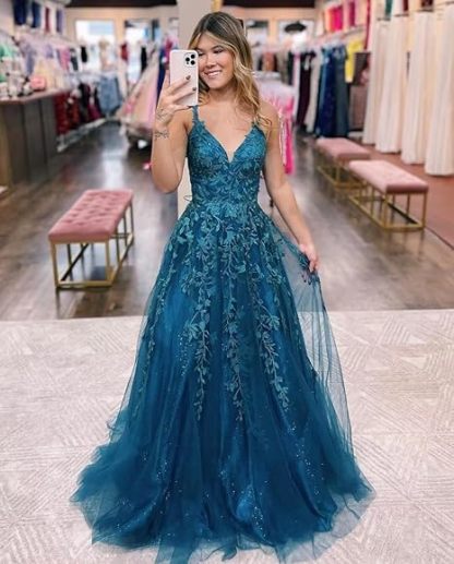 Tulle Lace Appliques Sparkly Prom Dresses A Line with Slit V Neck Formal Party Dress bmbridal