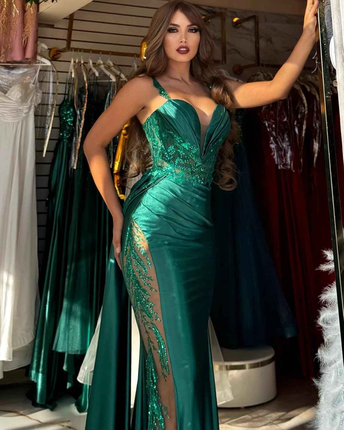 V Neck Satin Prom Dresses Long Mermaid Lace Evening Gown with Slit Pleated Bodycon Formal Dress with Tail bmbridal