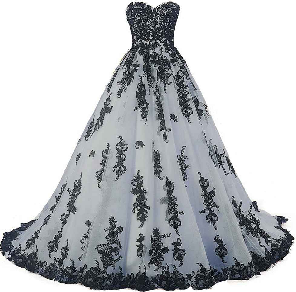 Vintage Gothic Black Lace Ball Gown Long Prom Dresses Wedding Gowns bmbridal