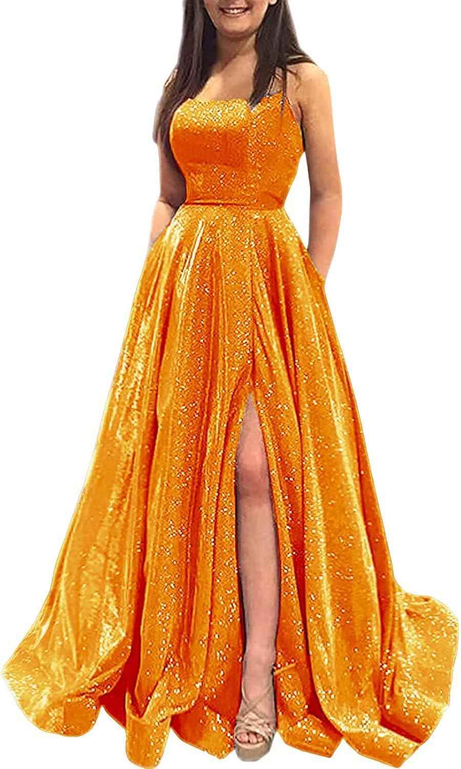 Prom Dresses Long A Line with Pockets Formal Evening Ball Gowns Side Slit Glitter Party Dress bmbridal