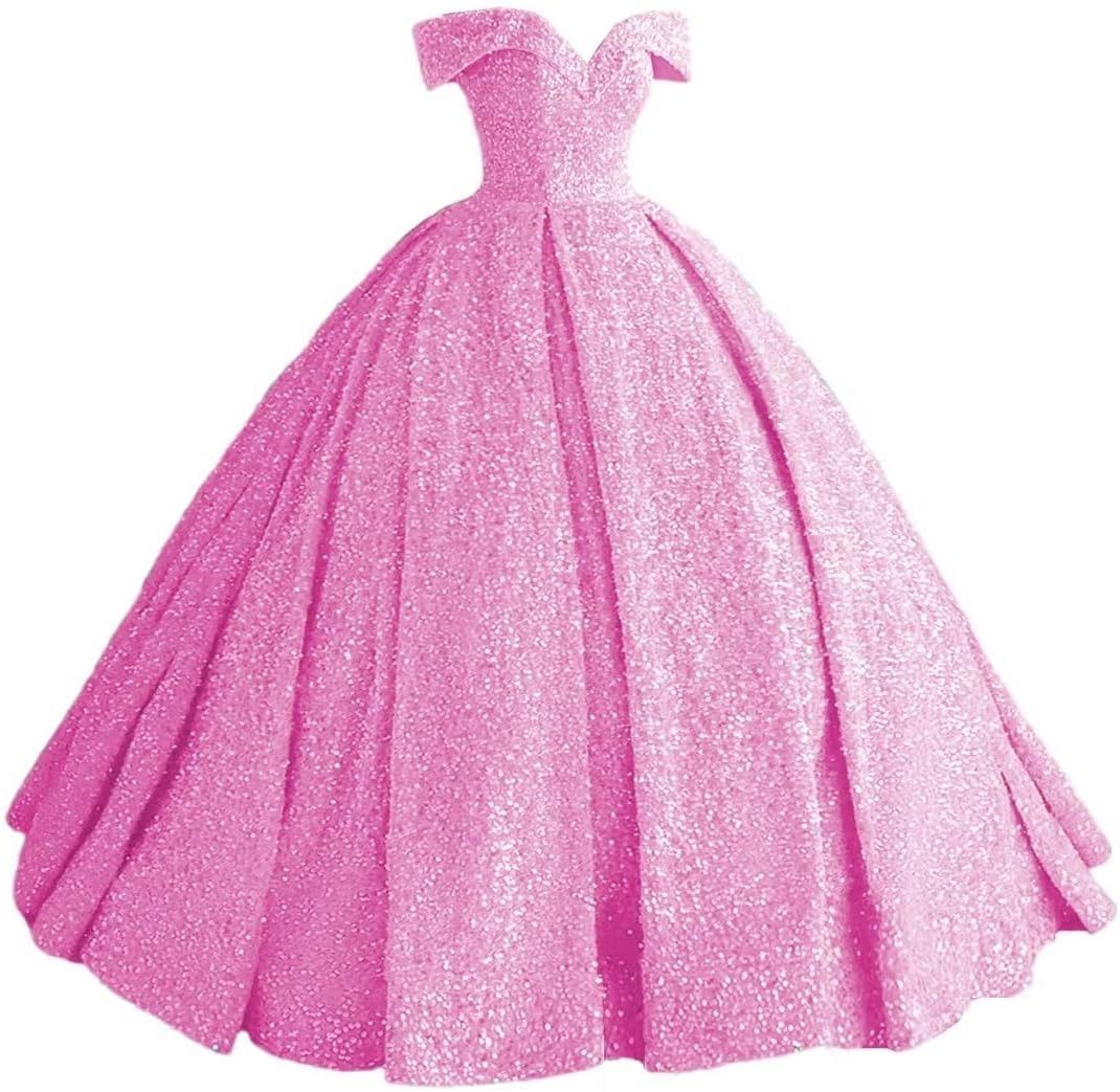 Sparkly Sequin Prom Dresses Long Ball Gown Off Shoulder Quinceanera Dresses Puffy Glitter Evening Party Dresses bmbridal