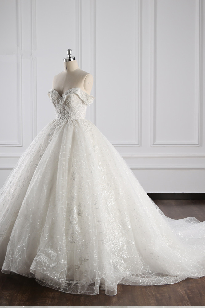 BMbridal Luxury Ball Gown Off-the-Shoulder Tulle Lace Wedding Dress Appliques Sleeveless Bridal Gowns On Sale-BMbridal