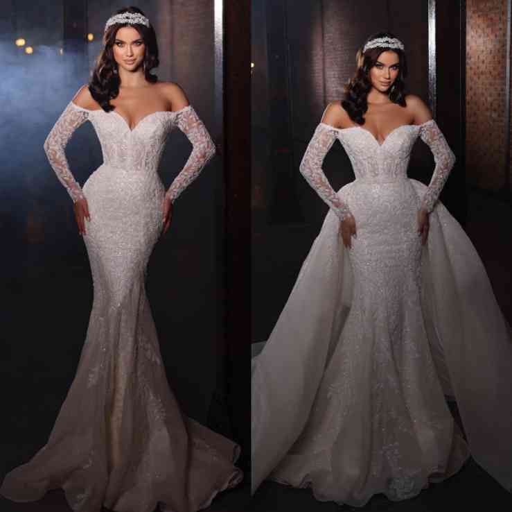 Bmbridal Long Sleeves Wedding Dress Lace Mermaid With Detachable Skirt-BMbridal