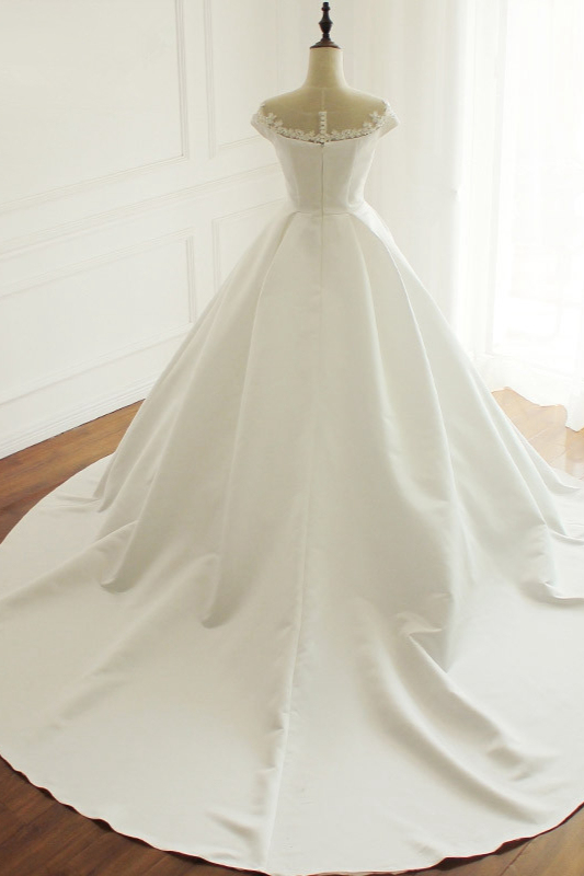 BMbridal Simple A-Line Satin Jewel Ruffle Wedding Dress Tulle Lace Appliques Sleeveless Bridal Gowns On Sale-BMbridal