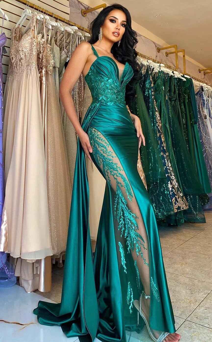 V Neck Satin Prom Dresses Long Mermaid Lace Evening Gown with Slit Pleated Bodycon Formal Dress with Tail bmbridal