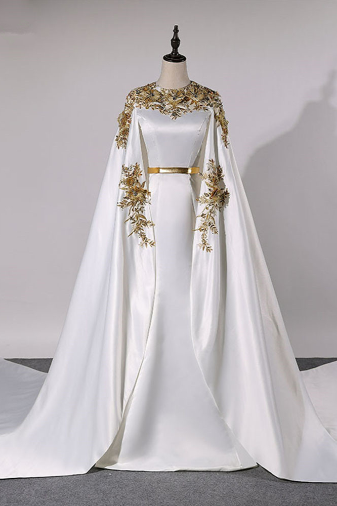 BMbridal Elegant Satin Jewel Appliques Long Prom Dresses with Sash Online