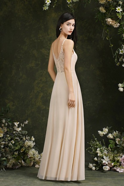 BMbridal Spaghetti-Straps V-Neck Champagne Bridesmaid Dress Long Sleeveless