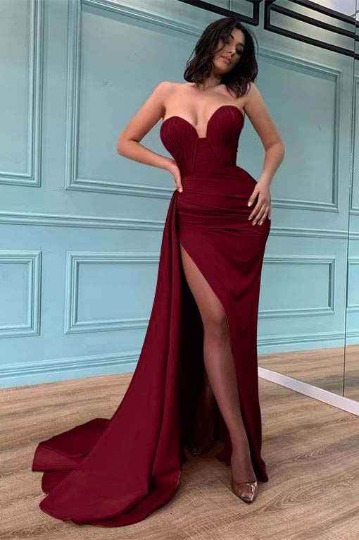 Long Strapless Sleeveless Sweetheart Mermaid Prom Dress Split With Ruffles