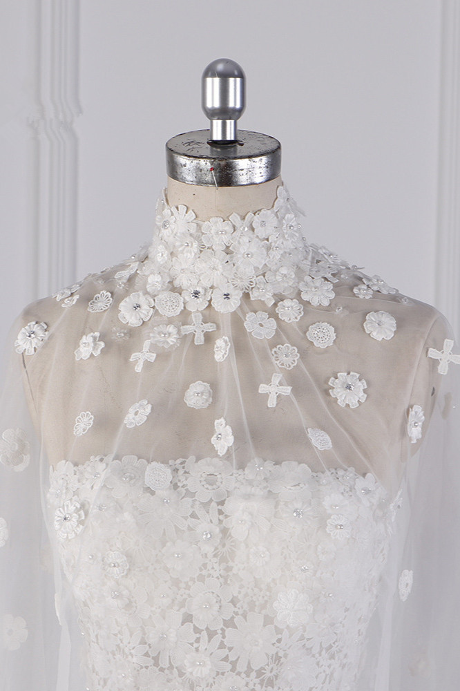 BMbridal Chic High-Neck Tulle Lace Wedding Dress Appliques Beadings Long Sleeves Bridal Gowns On Sale-BMbridal