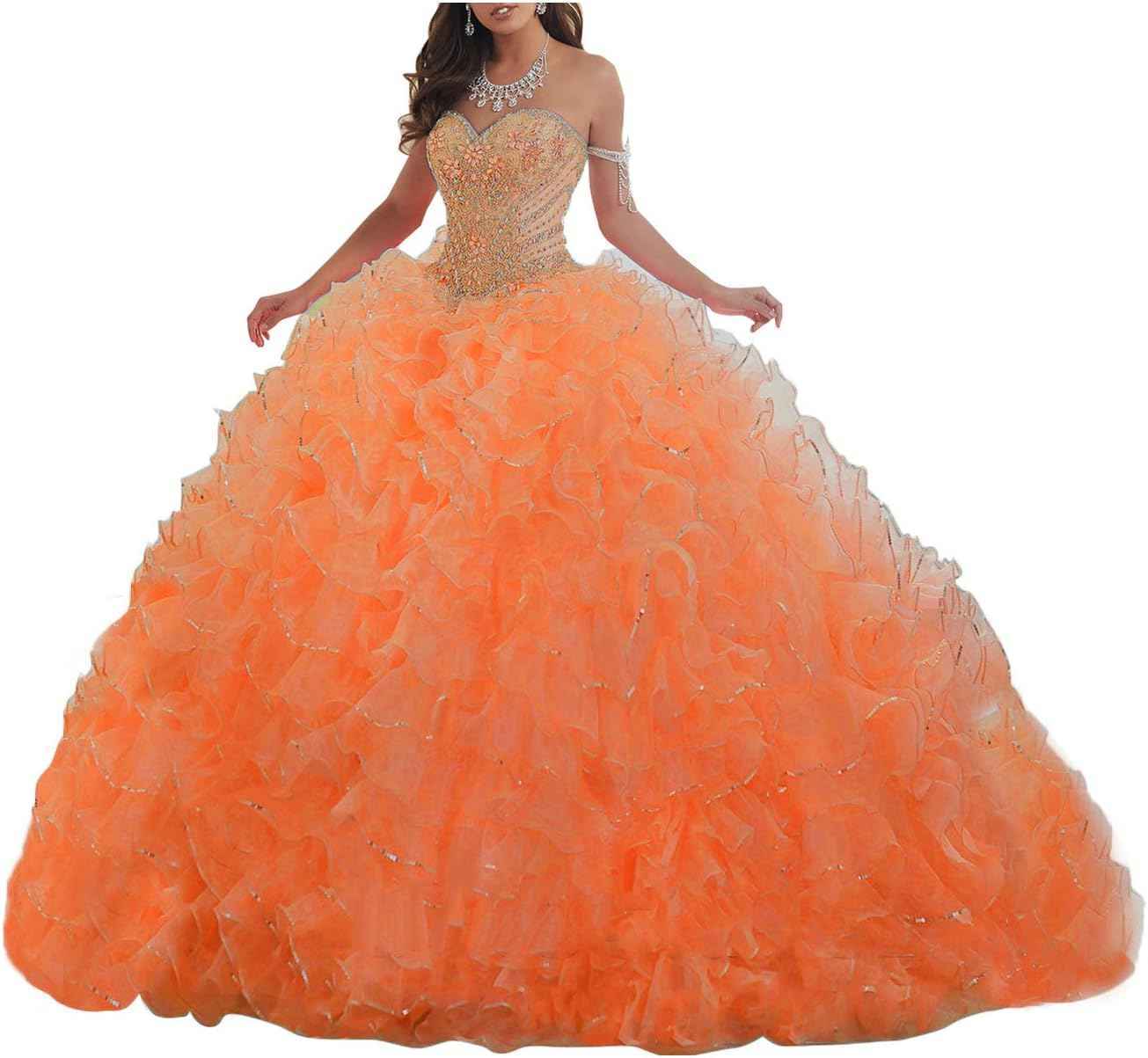 Women's Organza Ruffles Quinceanera Beaded Sweetheart Prom Ball Gown bmbridal