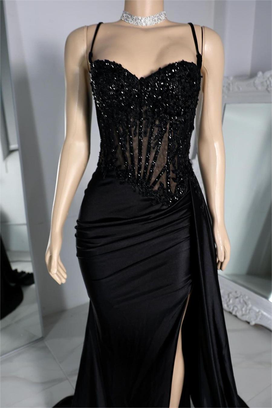 Exquisite Black Spaghetti Strap Sleeveless Pleated Long Split Prom Dress With Beading