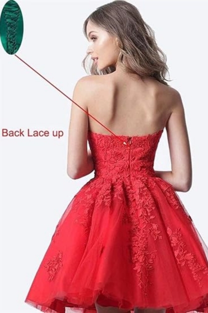 Fashionable Short Strapless A-Line Lace Tulle Prom Dresses