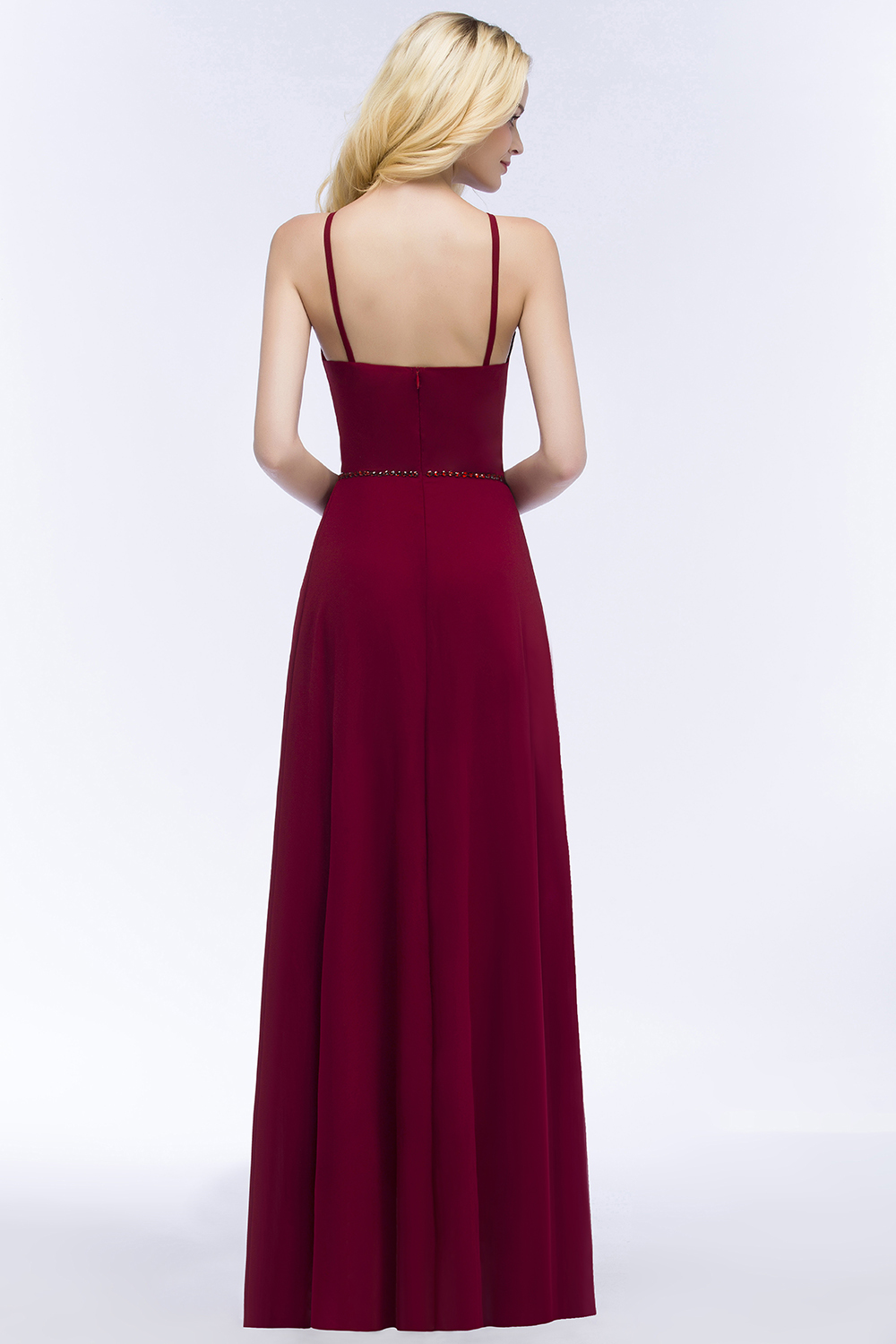 BMbridal Burgundy Spaghetti Straps Long Bridesmaid Dress with Beading Sash-BMbridal