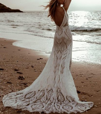 Women's Beach Wedding Dresses for Bride 2022 Vintage Long Sleeves Lace Bohemian Bridal Gown bmbridal