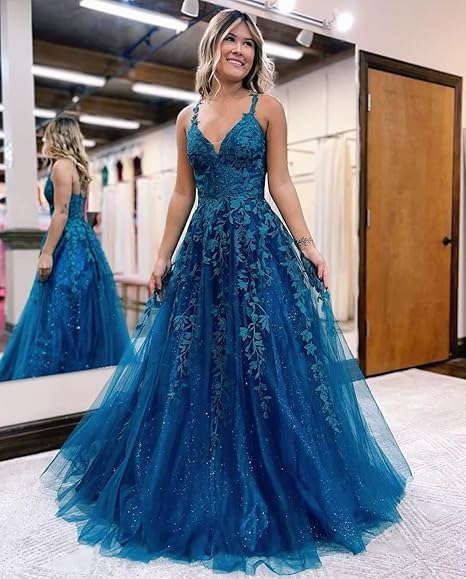 Tulle Lace Appliques Sparkly Prom Dresses A Line with Slit V Neck Formal Party Dress bmbridal