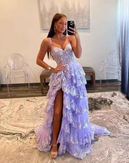 Sparkly Tiered Lace Tulle Prom Dresses Long 2025 Spaghetti Straps Formal Corset Evening Gown with Slit bmbridal