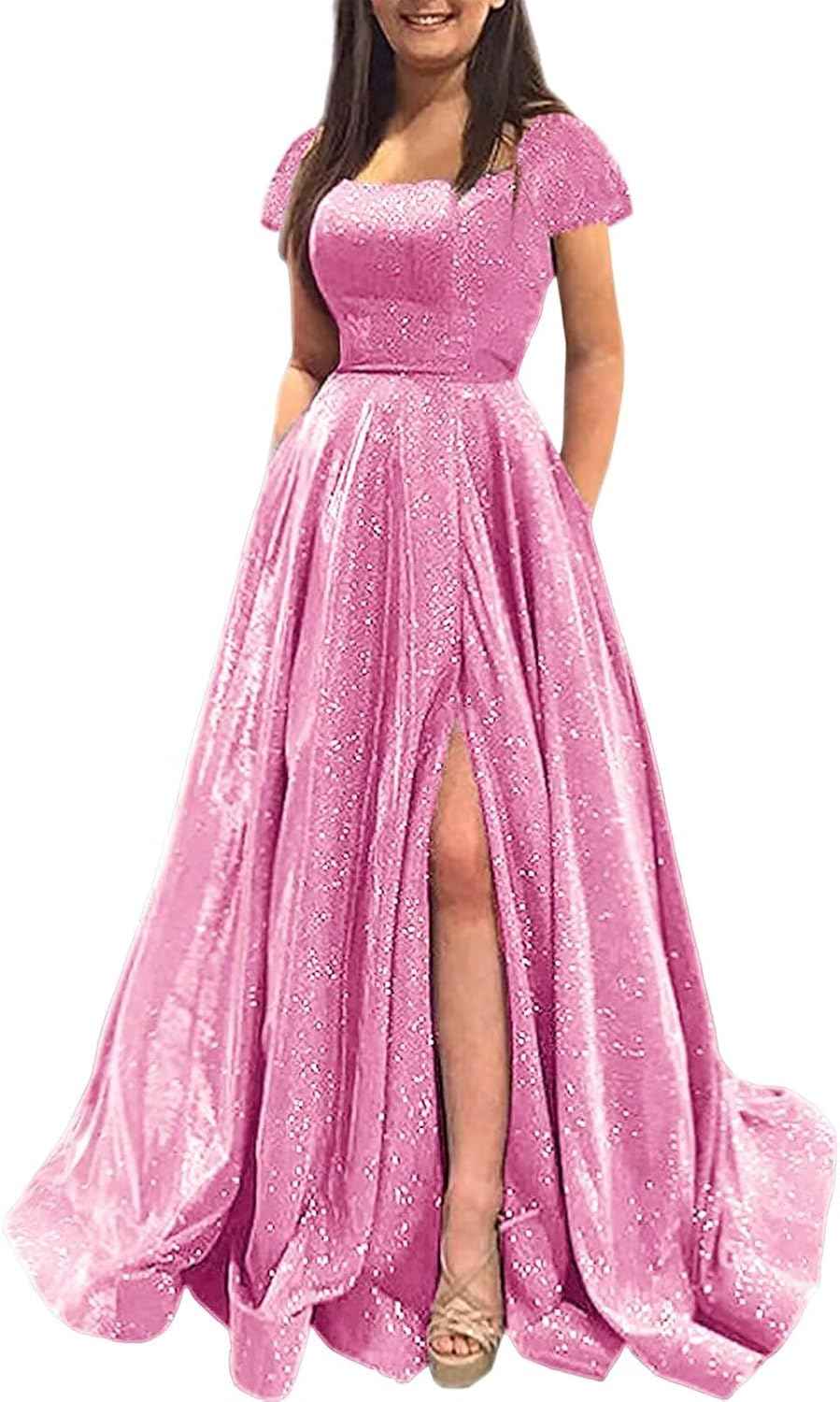 Prom Dresses Long A Line with Pockets Formal Evening Ball Gowns Side Slit Glitter Party Dress bmbridal