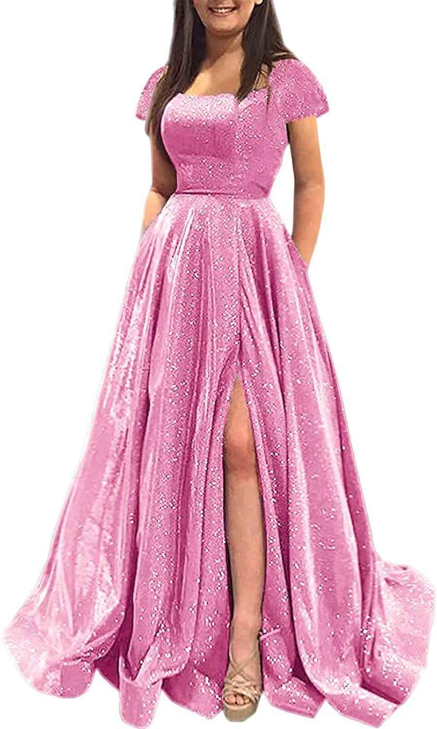 Prom Dresses Long A Line with Pockets Formal Evening Ball Gowns Side Slit Glitter Party Dress bmbridal