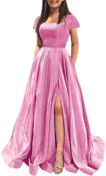 Prom Dresses Long A Line with Pockets Formal Evening Ball Gowns Side Slit Glitter Party Dress bmbridal