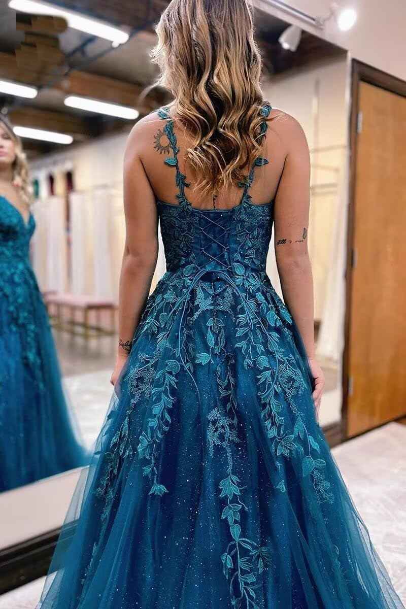 Tulle Lace Appliques Sparkly Prom Dresses A Line with Slit V Neck Formal Party Dress bmbridal