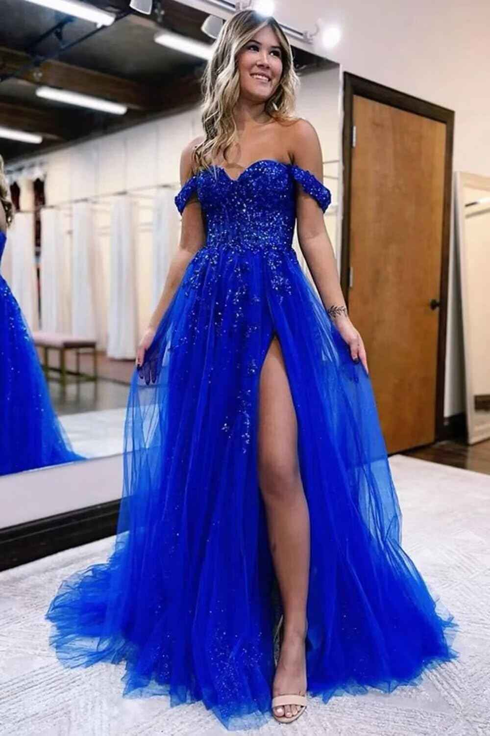 Off The Shoulder Tulle Prom Dresses with Slit Laces Applique Sweetheart Long Formal Evening Party Gowns bmbridal
