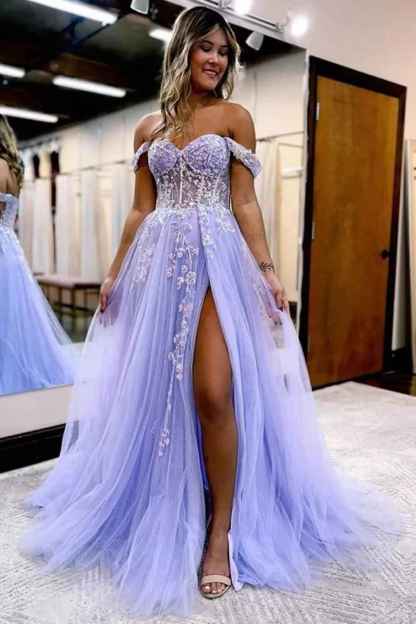 Off The Shoulder Tulle Prom Dresses with Slit Laces Applique Sweetheart Long Formal Evening Party Gowns bmbridal