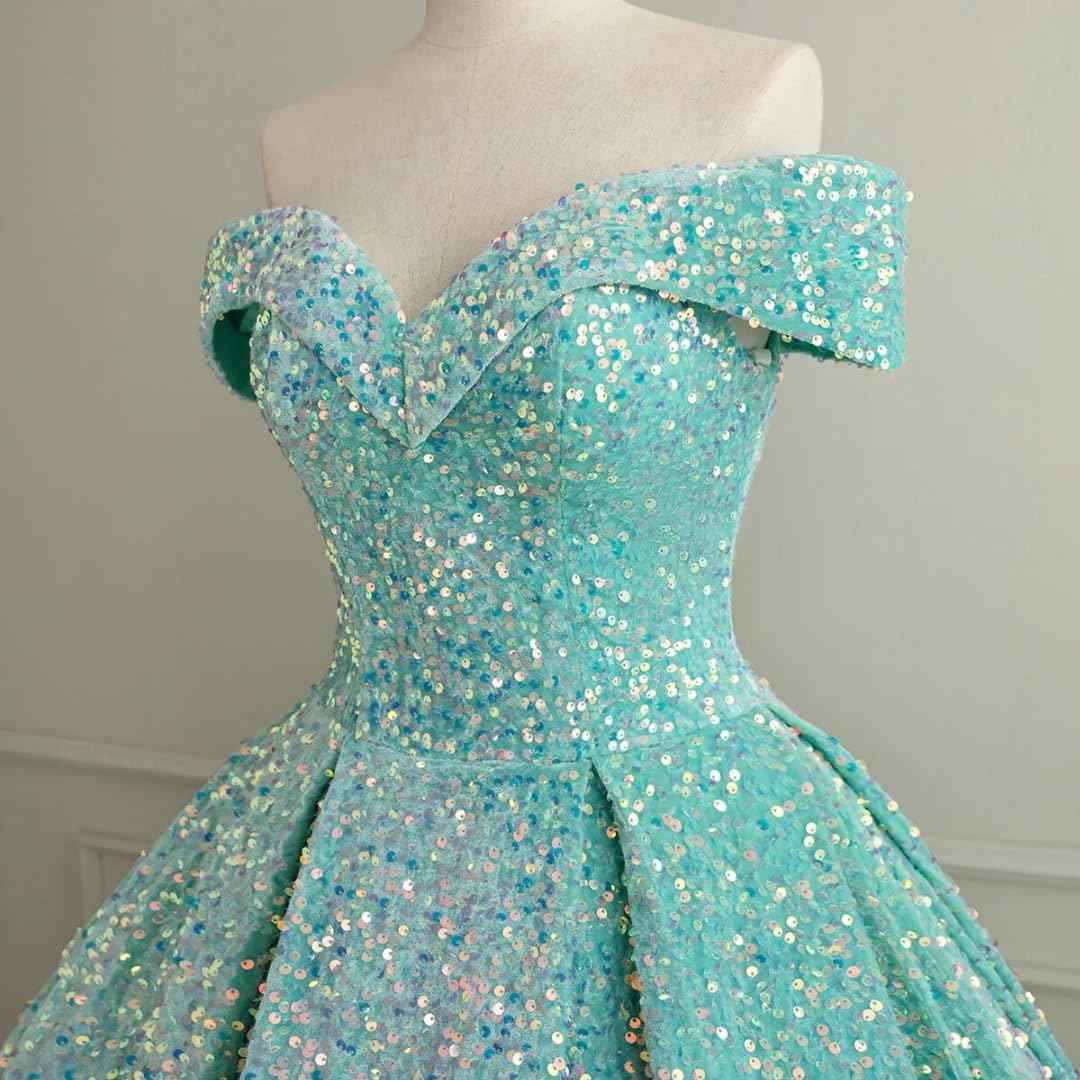 Sparkly Sequin Prom Dresses Long Ball Gown Off Shoulder Quinceanera Dresses Puffy Glitter Evening Party Dresses bmbridal