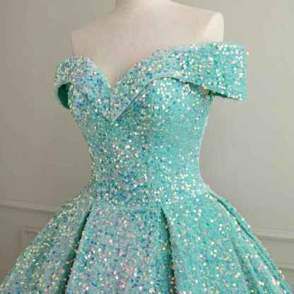 Sparkly Sequin Prom Dresses Long Ball Gown Off Shoulder Quinceanera Dresses Puffy Glitter Evening Party Dresses bmbridal