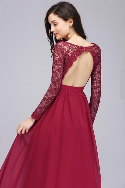 BMbridal Elegant A-line Chiffon Lace Long Sleeves Evening Dress